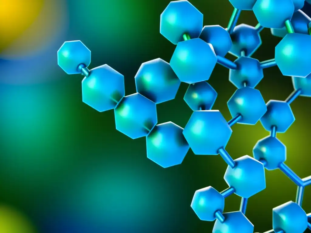 Detalle de alta resolución de estructuras químicas de óxidos en patrón hexagonal brillante, con transición de colores azules a verdes vibrantes