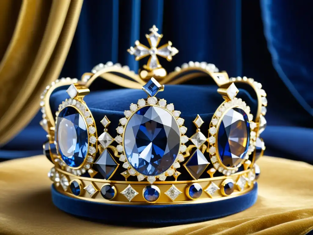 Detalle exquisito de la corona real británica con zafiros brillantes en contraste con el oro y terciopelo, simbolizando la tradición y la realeza