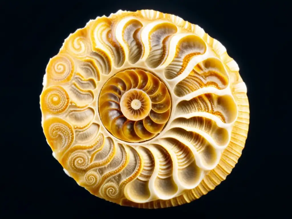 Detalle fascinante de un fósil de ammonite perfectamente conservado, destacando sus cámaras espirales y delicadas crestas