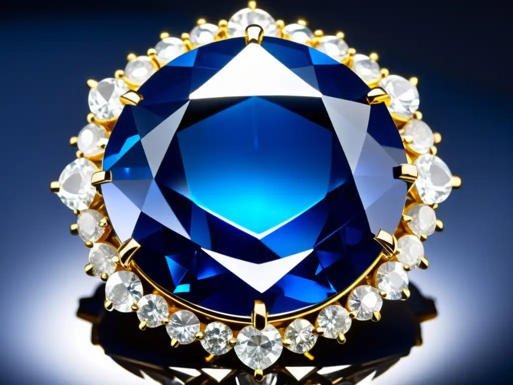 Detalle fascinante del legendario diamante Hope en azul profundo, reflejando su historia y misteriosa aura de maldición