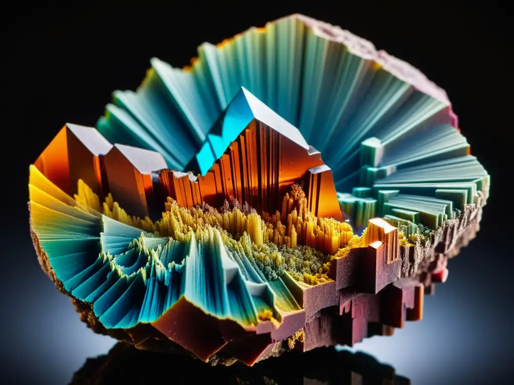 Detalle fascinante de un mineral de tierras raras, mostrando su estructura cristalina y colores vibrantes bajo la luz natural