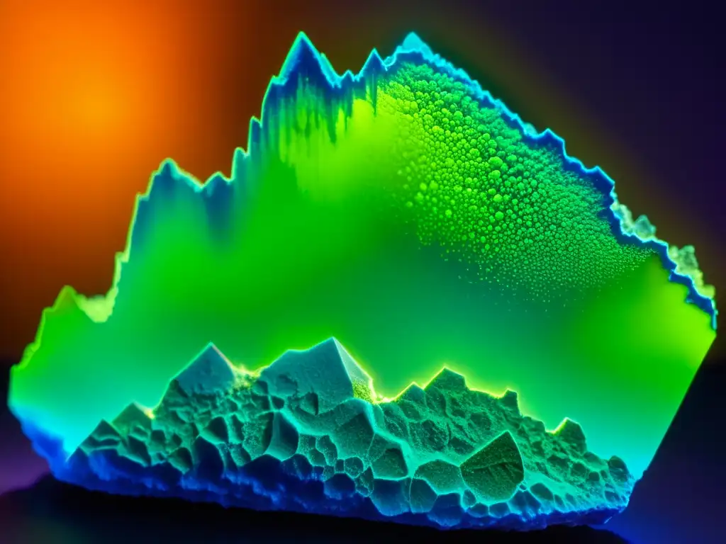 Detalle fascinante de minerales fluorescentes ultravioleta con impresionantes colores y texturas cristalinas