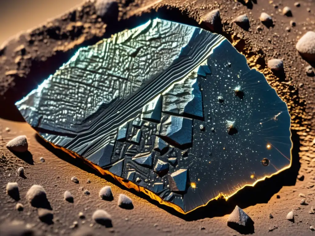 Detalle de un fragmento metálico de meteorito, mostrando patrones y texturas únicas