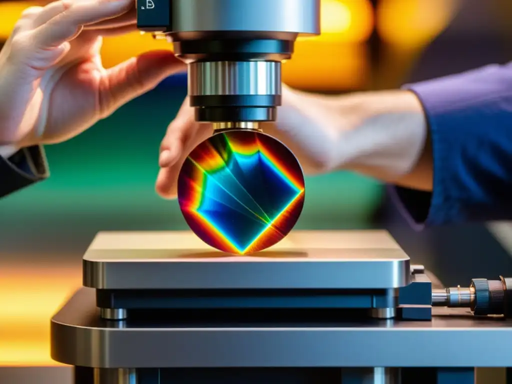 Detalle de una gema bajo espectroscopia de absorción, revelando patrones de luz y colores