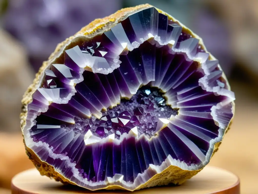 Detalle de geoda de amatista cruda, con cristales morados y textura rugosa