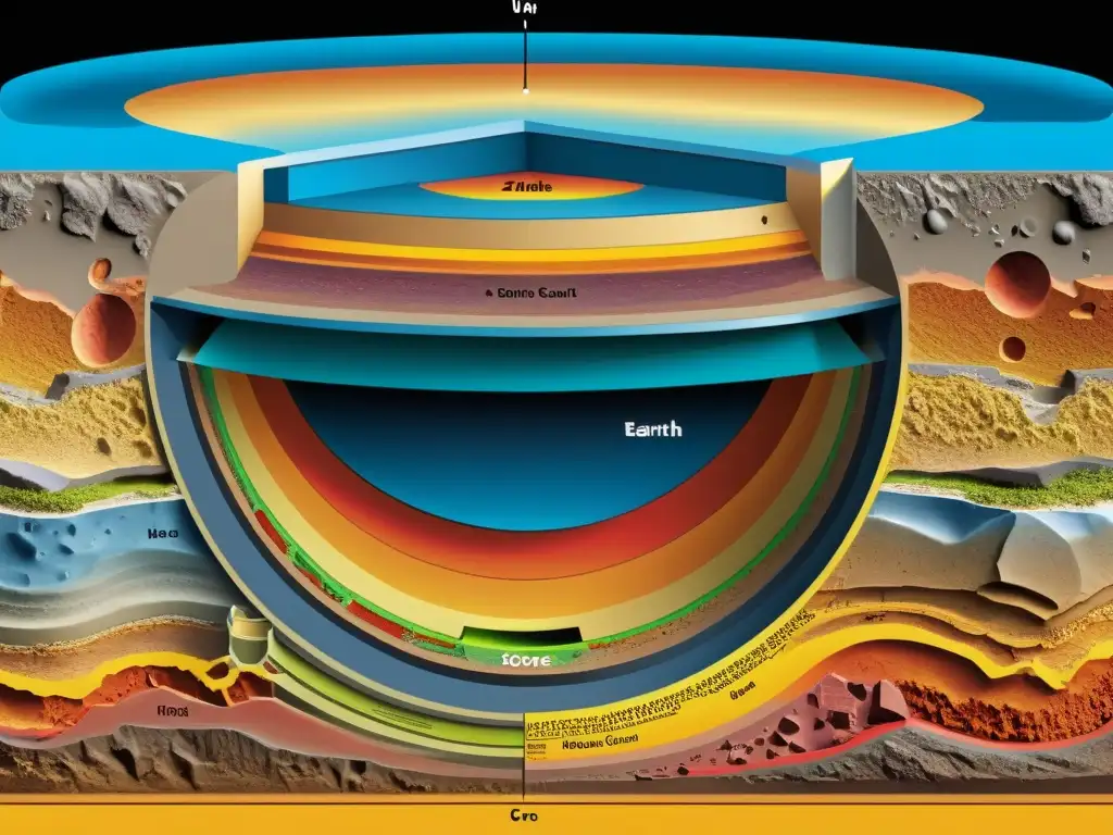 Detalle geológico de capas terrestres, núcleo, manto y corteza, con formación de yacimientos minerales