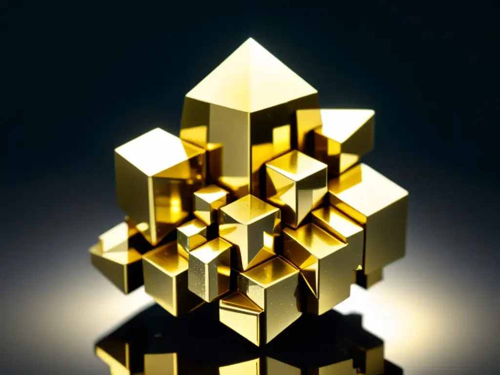 Detalle de un grupo de cristales de pirita, con formaciones cúbicas y brillo metálico en contraste con un fondo oscuro