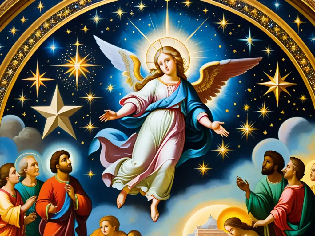 Detalle histórico de una pintura mural celestial con celestina en vibrantes colores y pinceladas