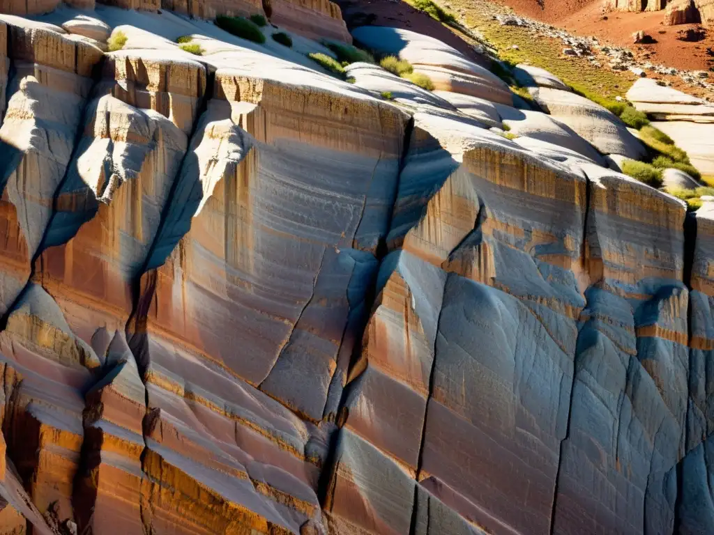 Detalle de una imponente roca erosionada, con capas de sedimento visibles