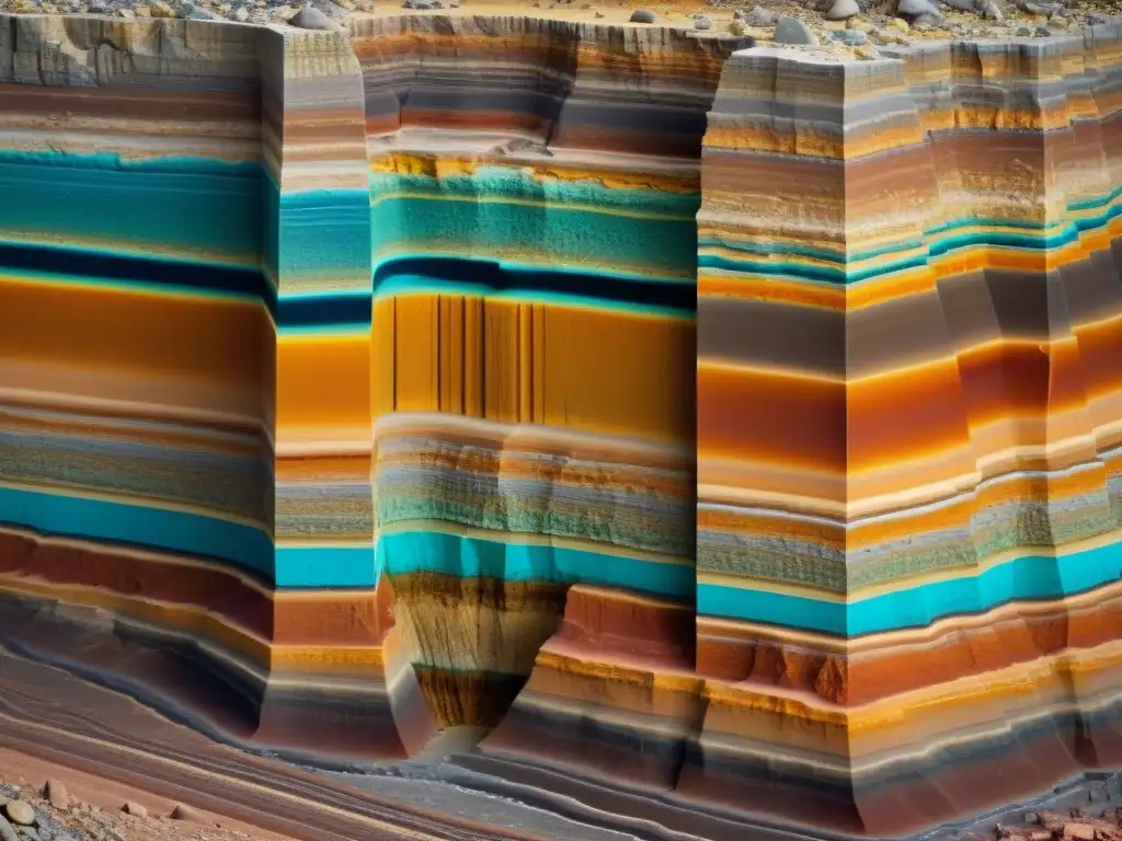 Detalle impresionante de capas de roca sedimentaria, mostrando la historia geológica a través de minerales y colores variados