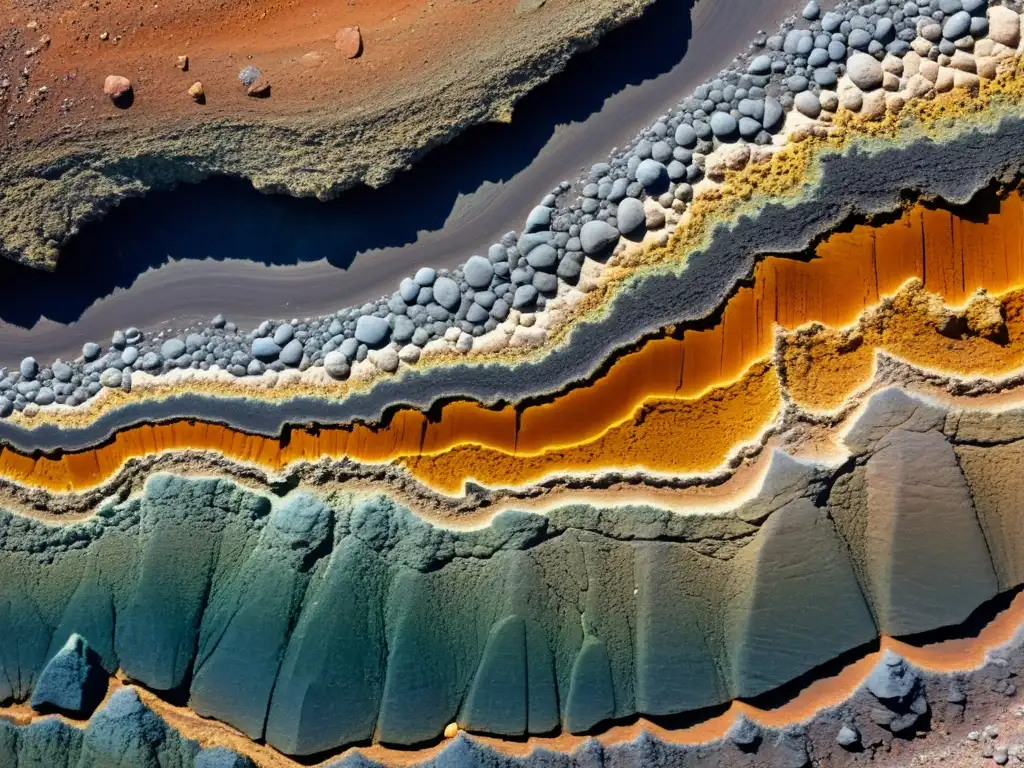 Detalle impresionante de capas de roca, con colores y texturas que muestran la influencia del ciclo de rocas en la formación de minerales