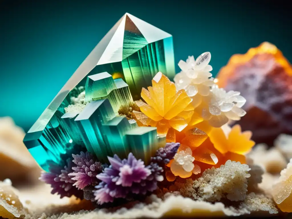 Detalle impresionante de cristales de mineral con colores vibrantes, ideal para publicaciones sobre minerales y tabla periódica