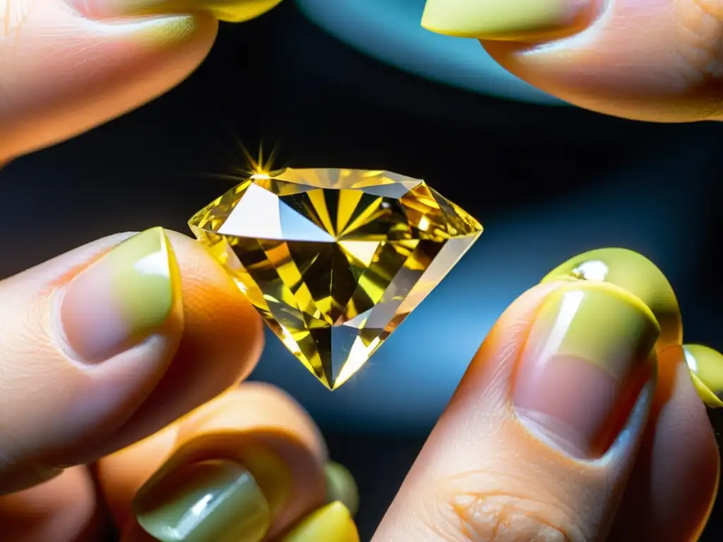 Detalle impresionante de un diamante amarillo bajo lupa, con expertos evaluándolo