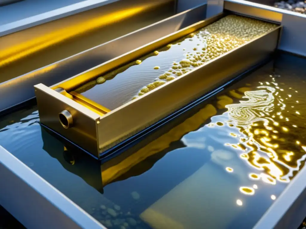 Detalle impresionante de una esclusa de recuperación de oro en acción, mostrando el proceso con precisión y belleza