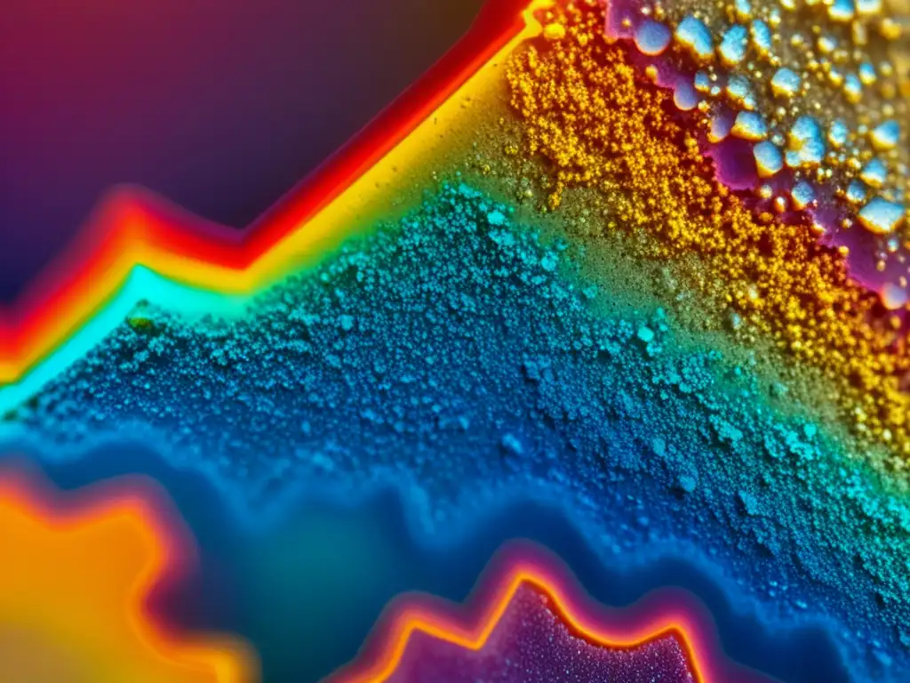 Detalle impresionante de la estructura cristalina y variaciones de color de una muestra mineral bajo microscopio