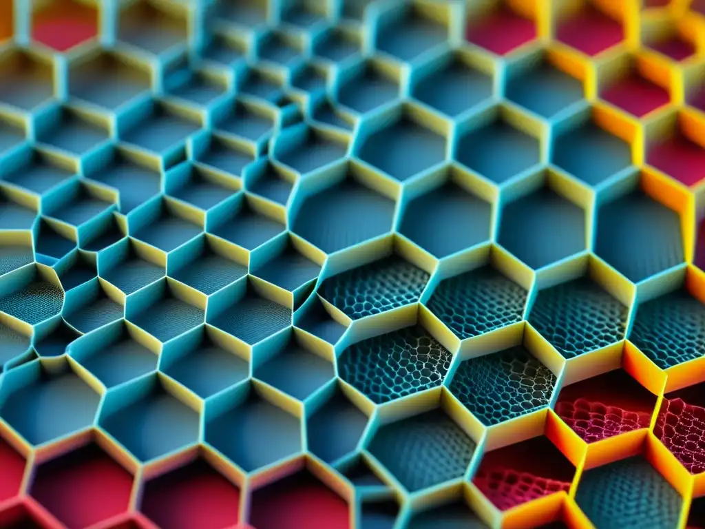 Detalle impresionante de la estructura hexagonal del grafeno en microscopio electrónico de barrido, destacando sus propiedades conductivas excepcionales en aplicaciones electrónicas futuristas