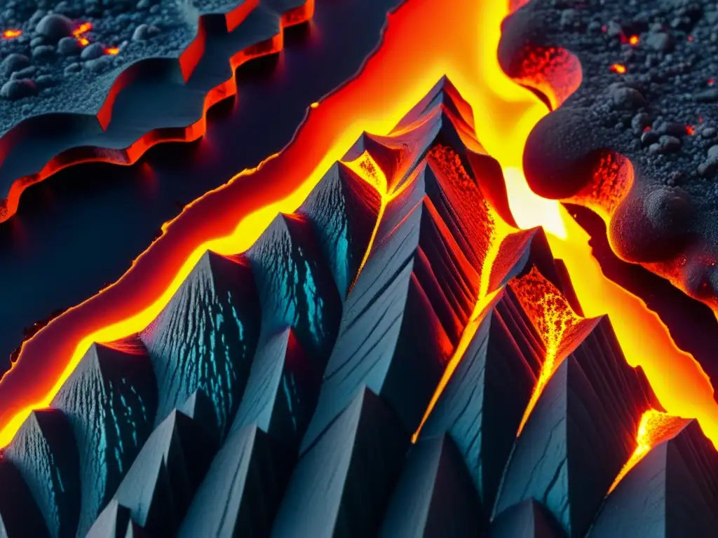 Detalle impresionante de la cristalización ígnea, mostrando la formación de minerales desde el magma con colores vibrantes y texturas intrincadas