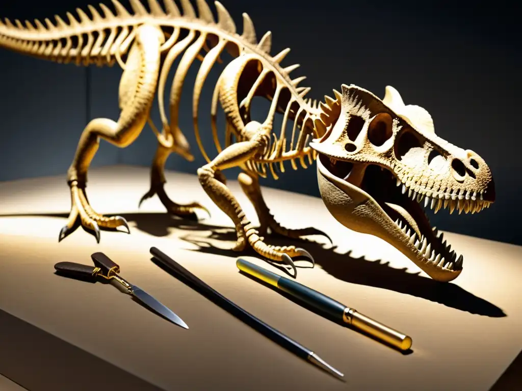 Detalle impresionante de un fósil de dinosaurio rodeado de herramientas científicas en una escena educativa para amantes de la paleontología