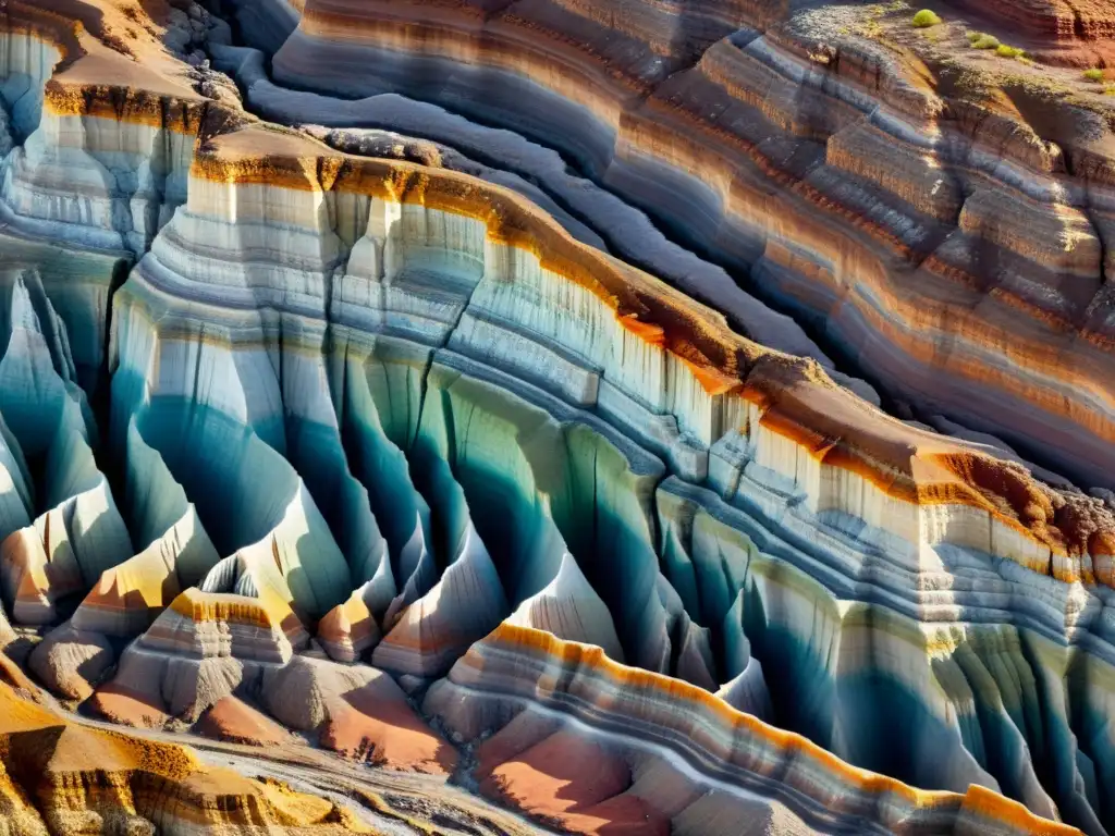 Detalle impresionante de formación mineral con procesos tectónicos evidentes y colores naturales destacados