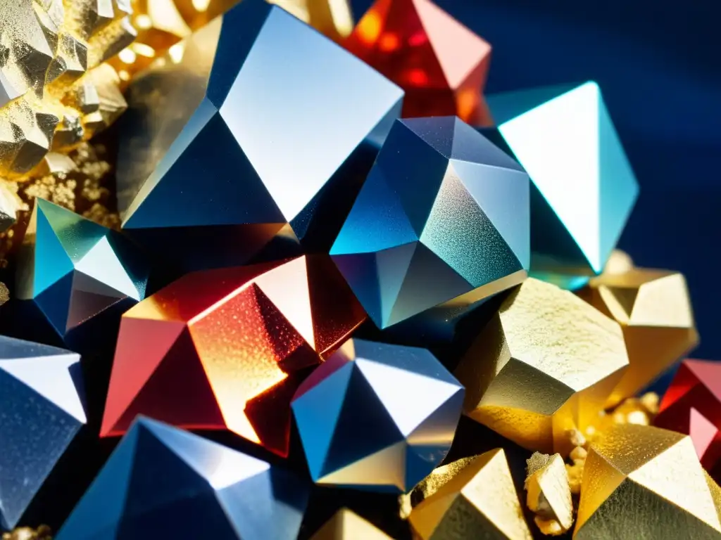 Detalle impresionante de minerales sulfurosos y sulfosales con vibrantes colores y complejas estructuras cristalinas