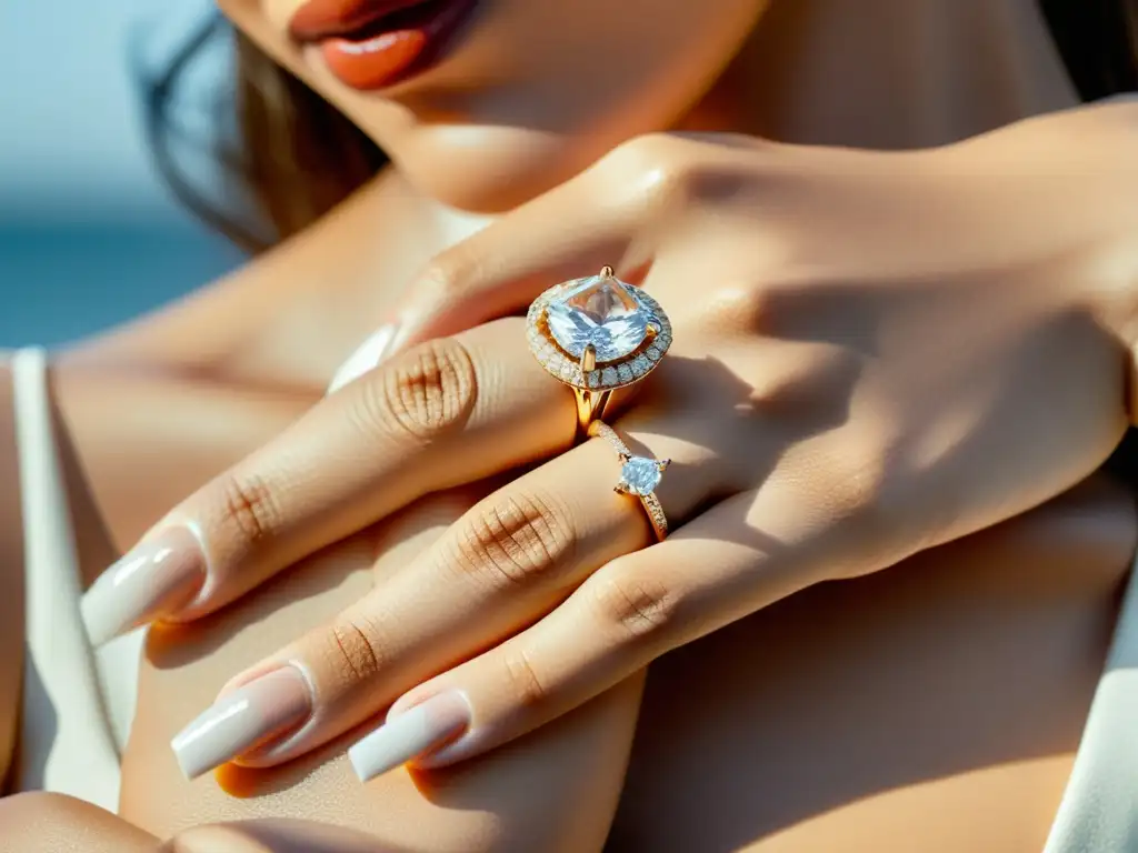 Detalle de un influencer de joyería sosteniendo un elegante anillo de diamantes, en una publicación de marketing de influencia en joyería