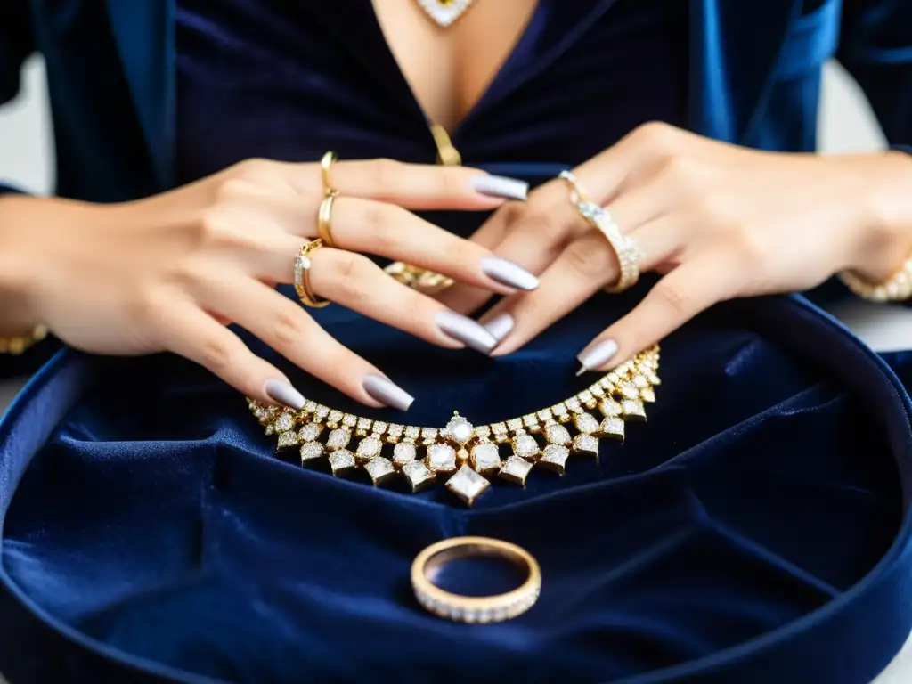 Detalle de manos de influencer de joyería del siglo XXI colocando un collar de diamantes en terciopelo, con luces suaves resaltando el brillo