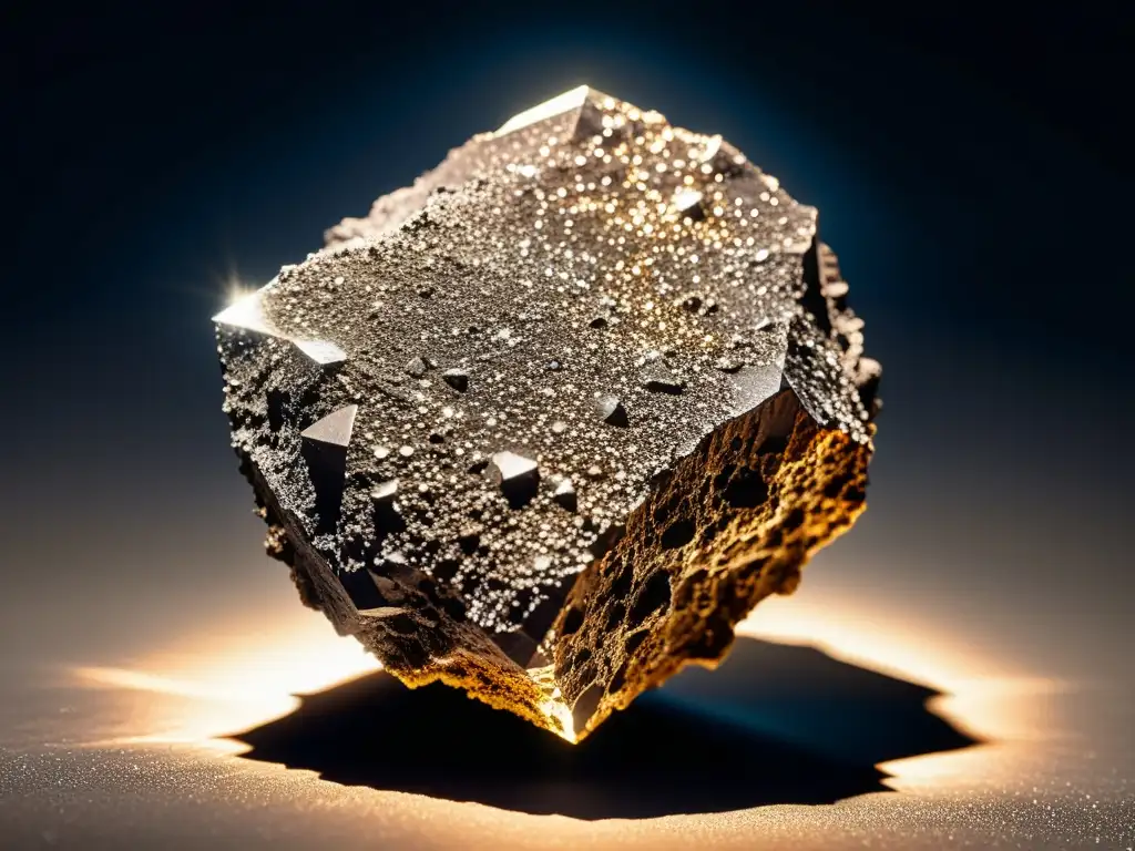 Detalle de meteorito de silicatos brillantes en la oscuridad, destacando la importancia de los silicatos en planetas