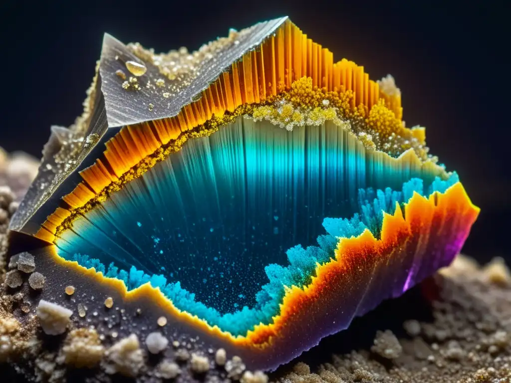 Detalle microscópico de un mineral con colores vibrantes, formaciones cristalinas e interacciones químicas en la estructura