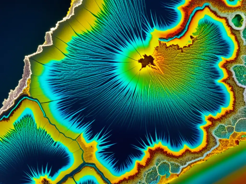 Detalle microscópico de mineral revela estructuras cristalinas y colores vibrantes, destacando técnicas de análisis minerales microscopio