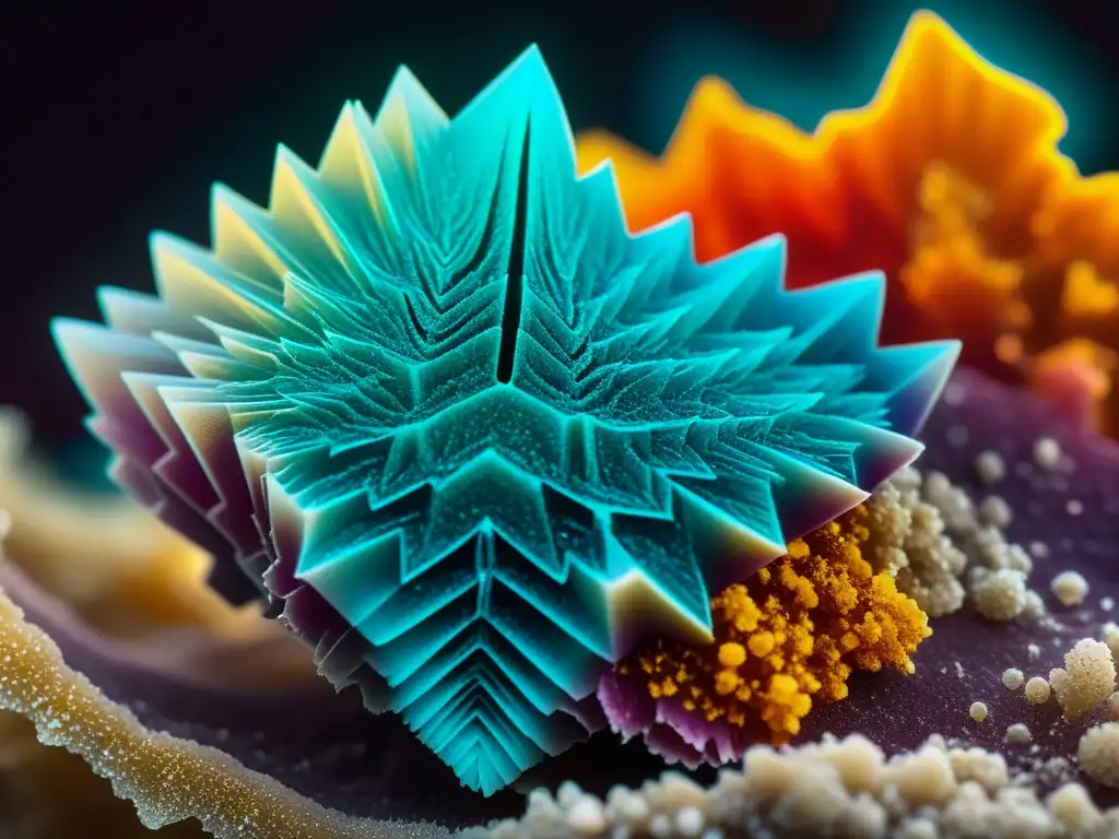 Detalle microscópico de un mineral raro con colores vibrantes y estructuras cristalinas únicas, mostrando la belleza invisible de los minerales raros