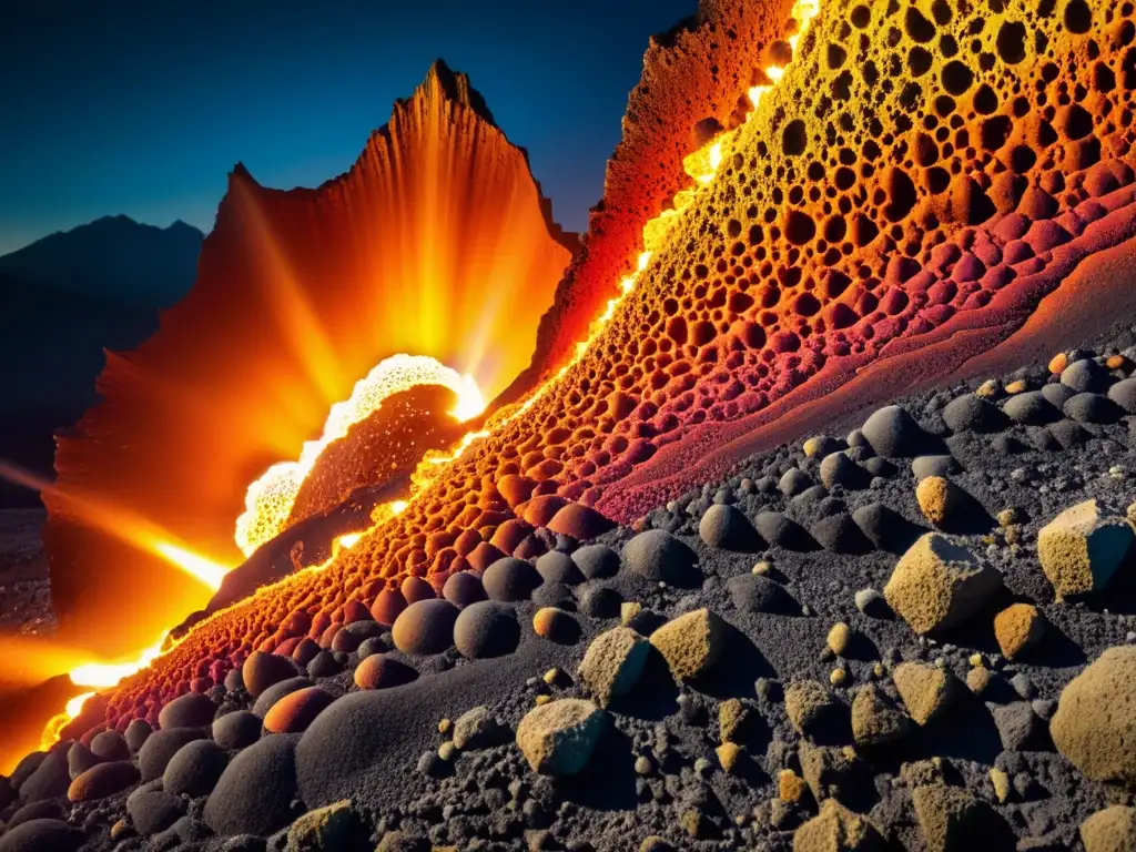 Detalle de formación mineral volcánica, con cristales vibrantes y estructuras intrincadas