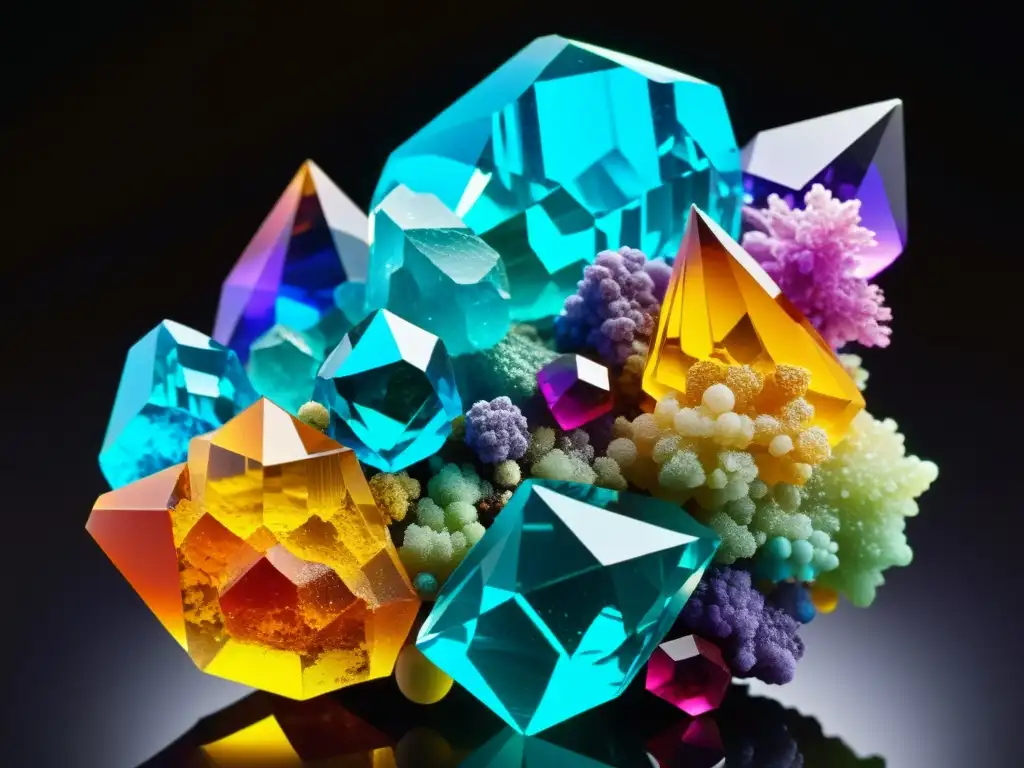 Detalle de minerales exóticos con compuestos químicos, cristales vibrantes y colores cautivadores