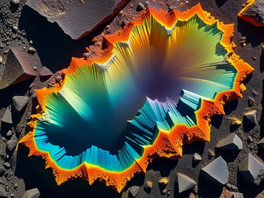 Detalle de minerales formados por raros fenómenos volcánicos, con patrones geométricos e iridiscencia vibrante en roca volcánica oscura