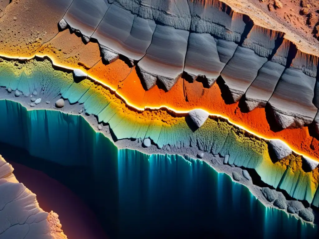 Creación mineral: belleza en la roca Detalle de formación de minerales en grietas, con delicadas estructuras cristalinas y capas de minerales de diferentes colores visibles