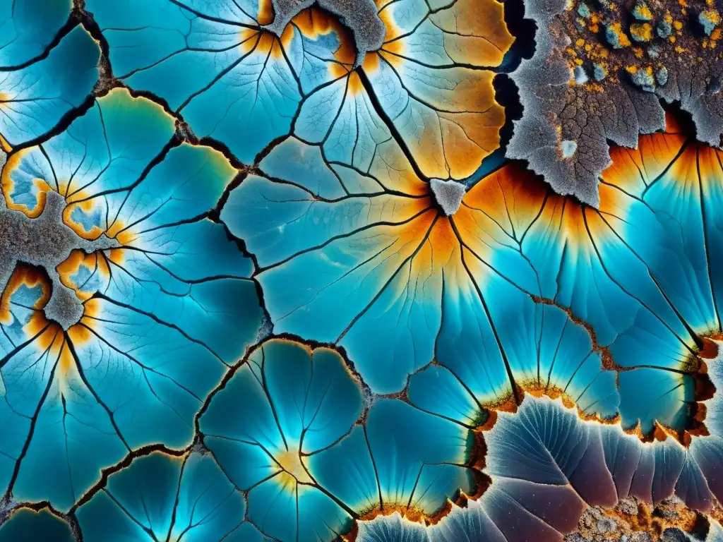 Formaciones minerales coloridas en roca: un closeup ultradetallado Detalle de formación de minerales en grietas de roca, mostrando patrones y texturas vívidos