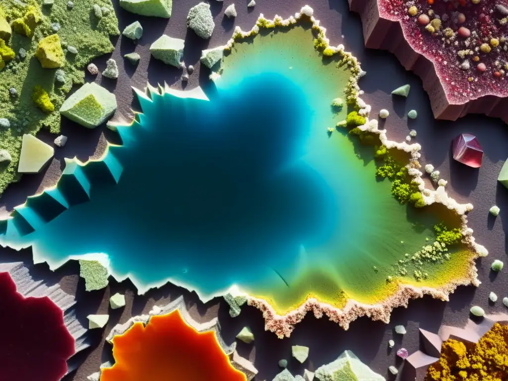 Detalle de minerales en zona de subducción con compleja química y vibrantes colores