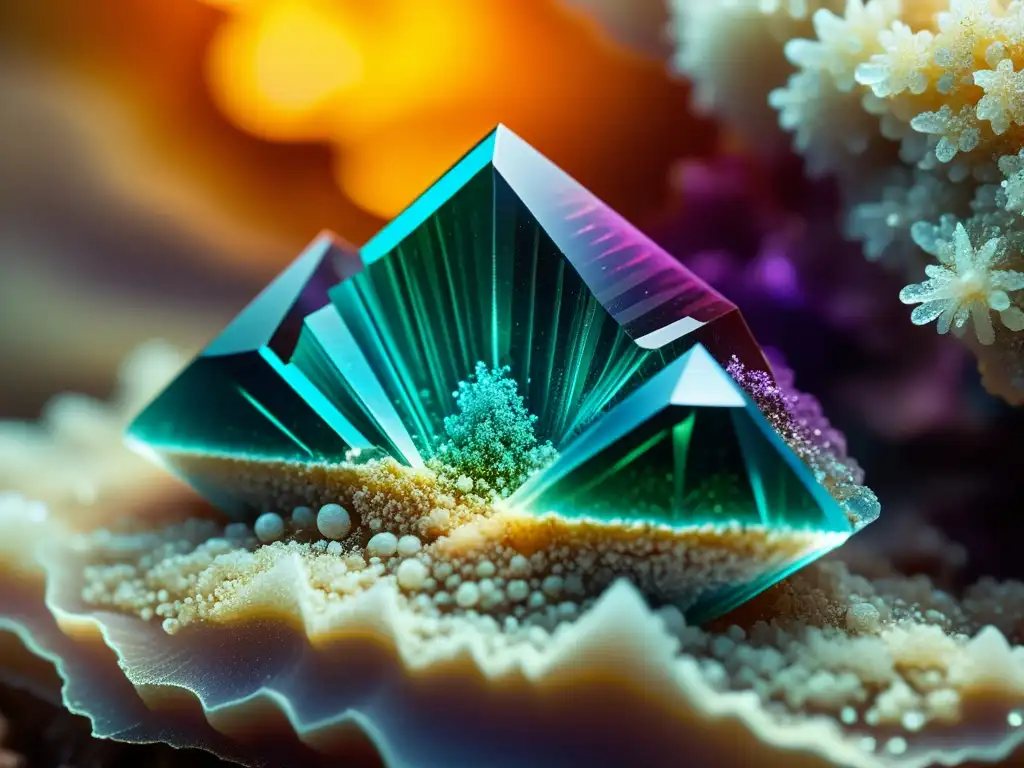 Detalle de muestra mineral con formaciones cristalinas vibrantes y texturas que muestran la densidad específica