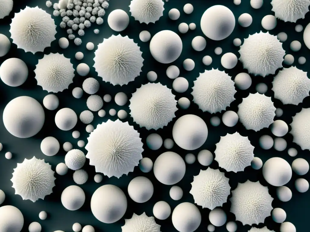 Estructura cristalina de partículas de dióxido de titanio Detalle de alta resolución de partículas de dióxido de titanio bajo un microscopio electrónico de barrido, destacando su compleja estructura cristalina y morfología superficial