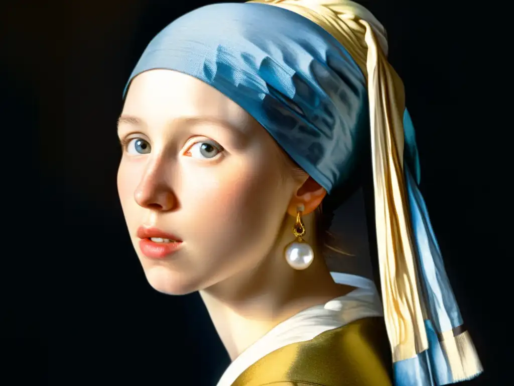 Detalle de la icónica pintura de Vermeer, 'La Joven de la Perla', capturando la belleza atemporal de la gema y la maestría en los trazos