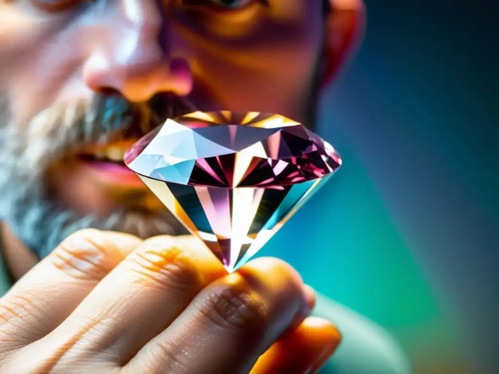 Examinando un raro diamante rosa: detalle y exquisitez Detalle de un raro y vibrante diamante rosa siendo examinado bajo una lupa de joyero, resaltando sus facetas e hipnotizante color