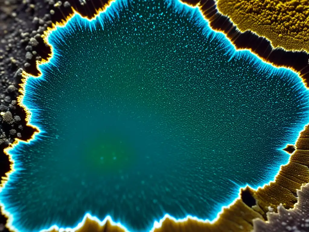 Detalle de una sección delgada de un espécimen mineral bajo microscopio petrográfico, resaltando la compleja geoquímica de isótopos en minerales