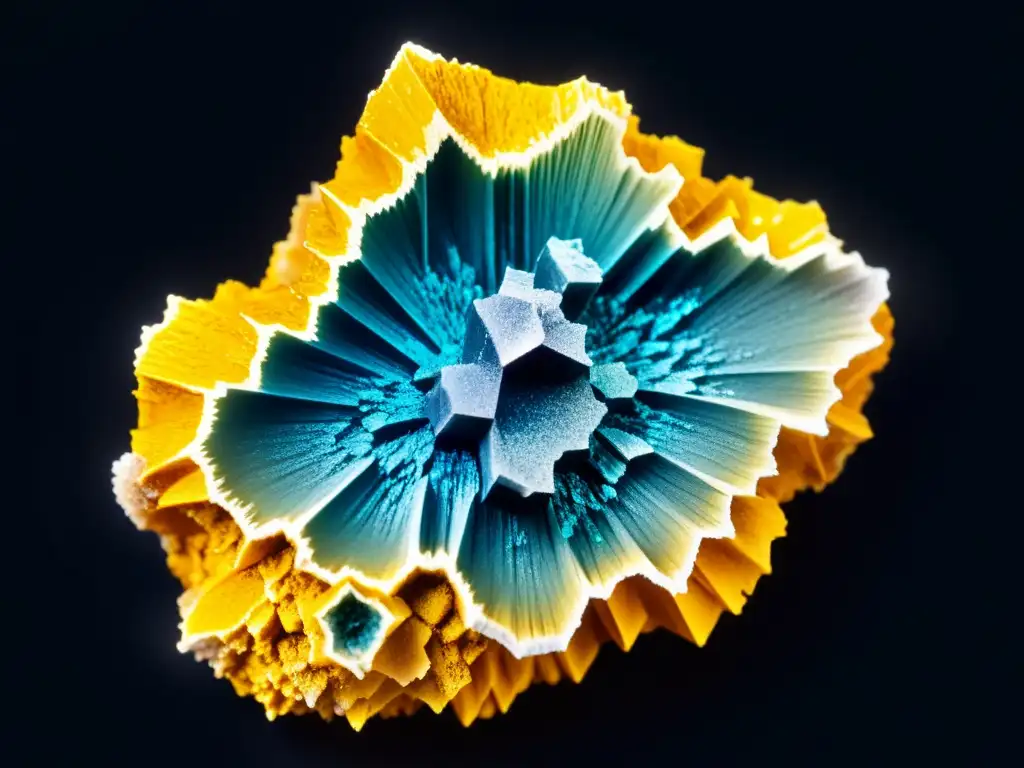 Detalle de sulfuros y sulfosales en estructuras cristalinas, resplandeciendo en colores vibrantes bajo la luz natural