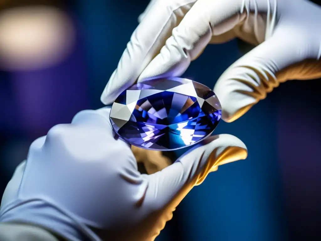 Detalle de Tanzanita: gema rara examinada bajo luz natural, manos expertas con guantes blancos resaltan sus tonos azul púrpura