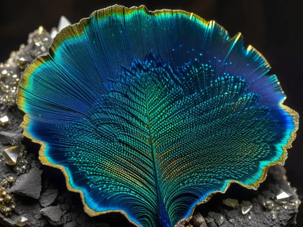 Detalle ultranítido de mineral pavo real azul iridiscente sobre fondo oscuro