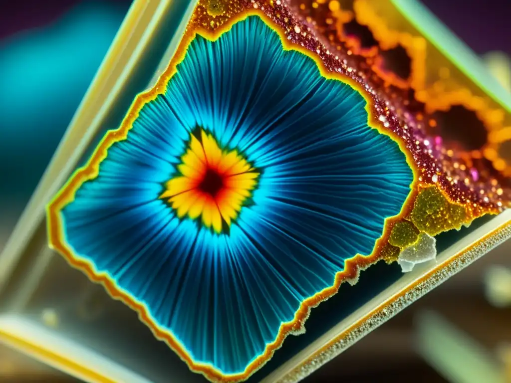 Detalle ultrapreciso de muestra mineral bajo microscopio, revelando estructuras cristalinas y colores vibrantes