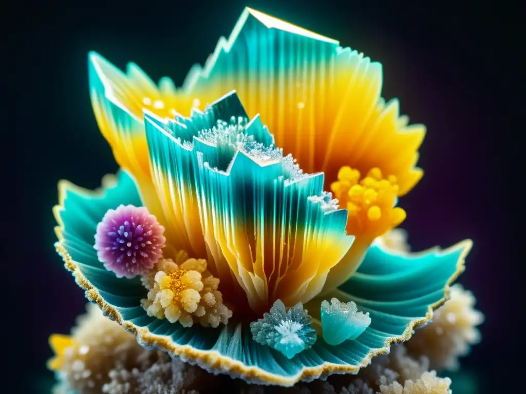 Detalle ultrarrealista de un mineral raro bajo microscopio, con formaciones cristalinas intrincadas y colores vibrantes