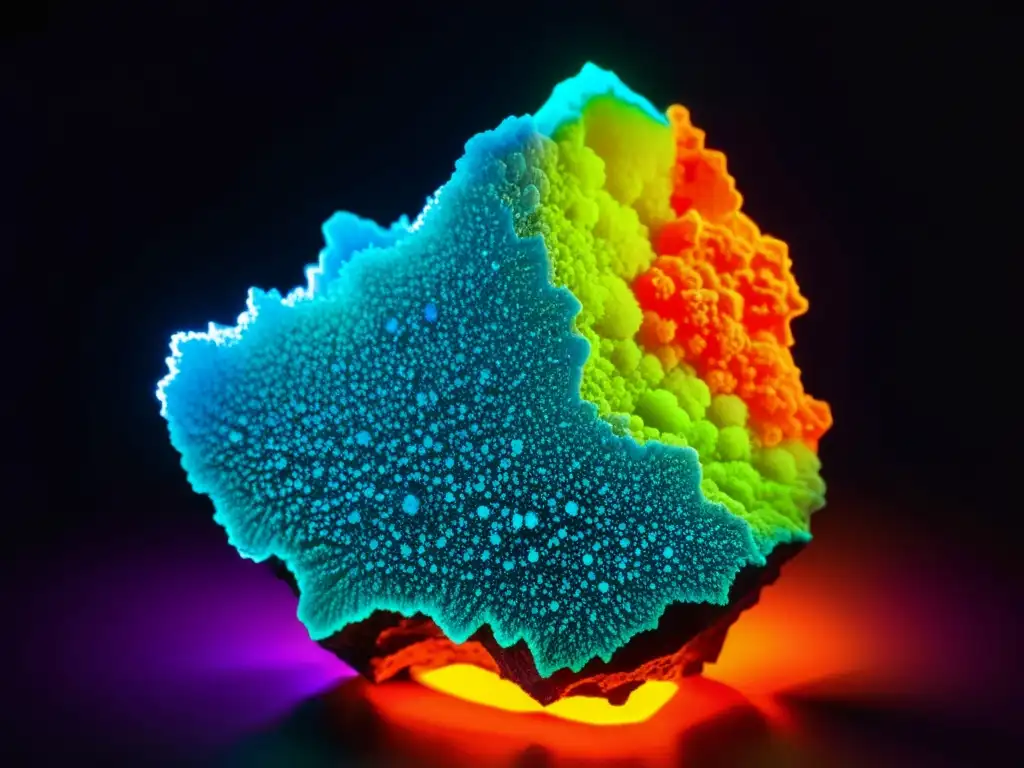 Detalle ultravívido de un mineral fluorescente bajo luz UV, deslumbrando con sus colores vibrantes y estructura cristalina