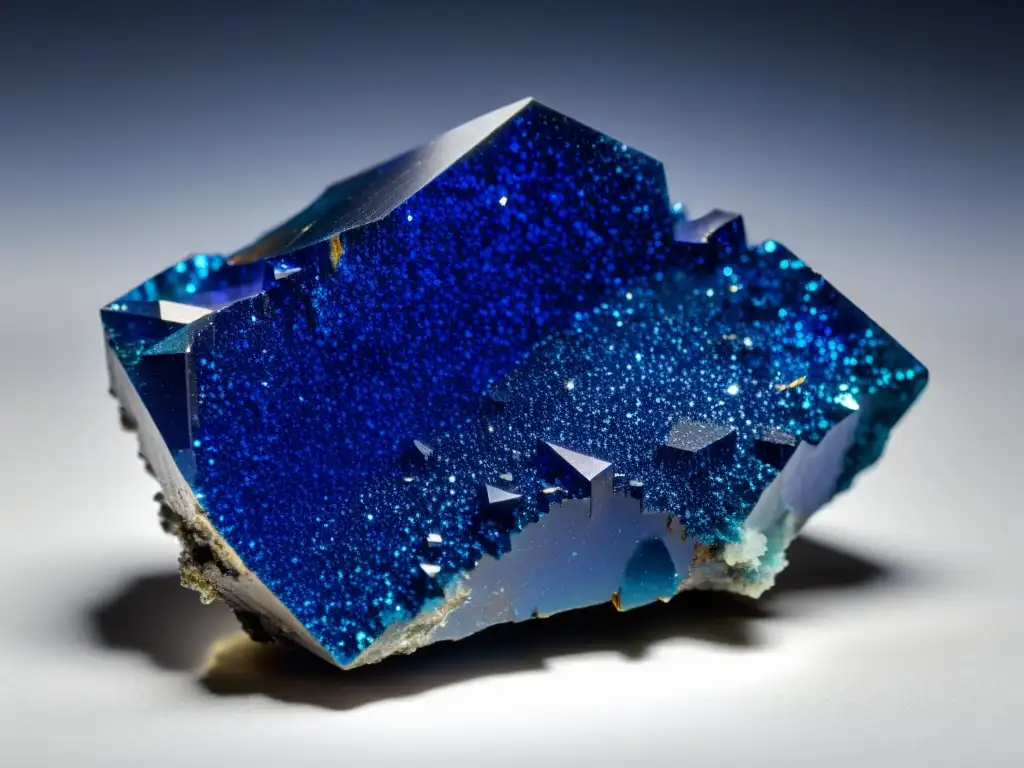 Detalle vibrante de cristal de azurita, con ricas tonalidades azules y estructura intrincada