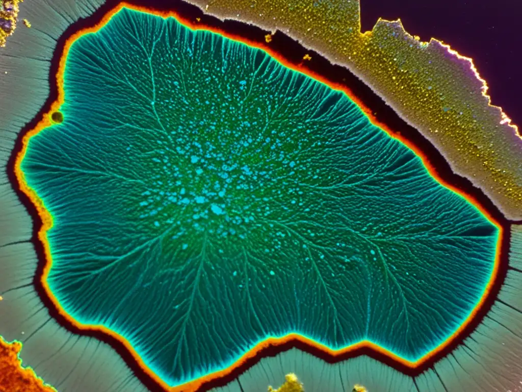 Detalle vibrante de un mineral bajo microscopio polarizador, revelando estructuras cristalinas e isotópicas