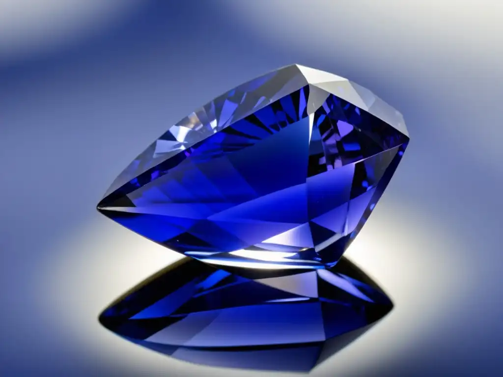 Tanzanita: Joya de belleza hipnótica Detalle vibrante de una tanzanita, reflejando sus tonos azules y violetas con destellos